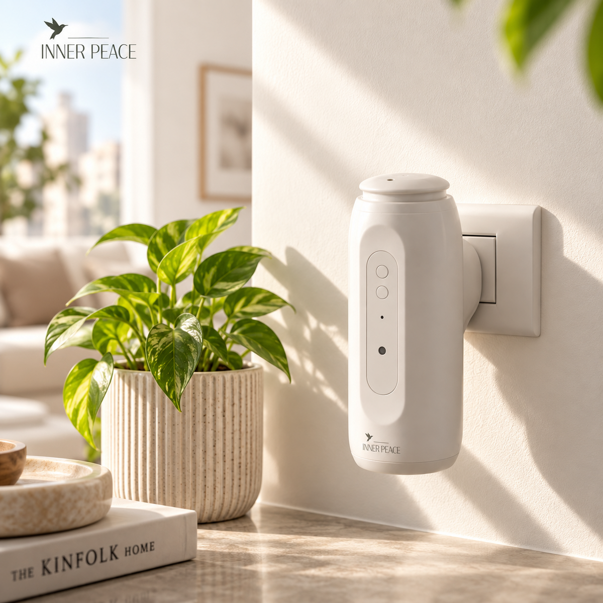 Smart Plug blanco de Inner Peace conectado al tomacorriente