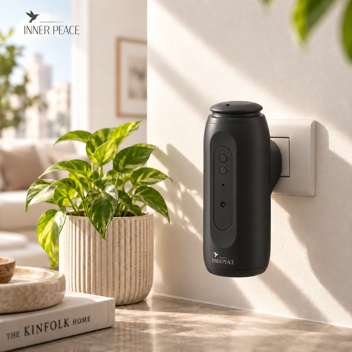 Smart Plug negro de Inner Peace conectado al tomacorriente